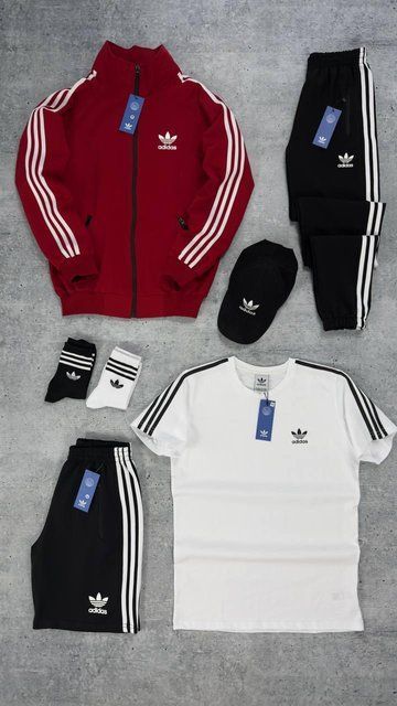 Чоловічий костюм Adidas 5в1 червоний Комплект Адідас Кофта на змійці Штани Шорти Футболка Кепка Хар-44 фото