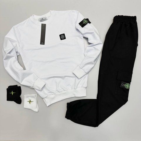 Мужской спортивный костюм Stone Island без капюшона белый Комплект Стон Айленд Свитшот Штаны Хар-828 фото
