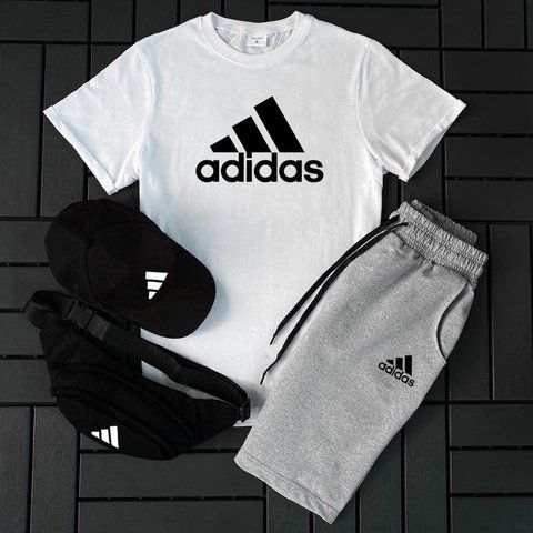 Чоловічий літній костюм Adidas Футболка Шорти Кепка Барсетка білий із сірим Ow-128 фото