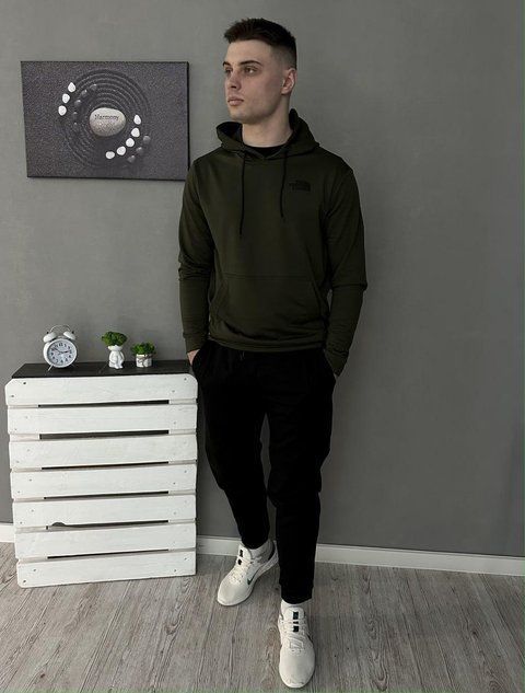Мужской спортивный костюм The North Face черный с хаки Комплект ТНФ Худи Штаны Rap-RD114/RD119 фото