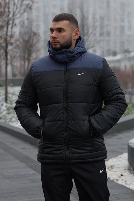 Мужская зимняя куртка Nike синяя с черным Пуховик Найк с капюшоном Intr-1592560834 фото
