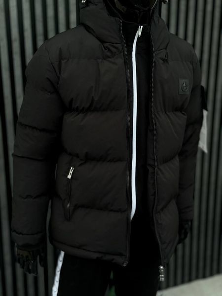 Мужская зимняя куртка Stone Island черная Пуховик Стон Айленд с капюшоном Хар-305 фото