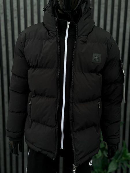 Мужская зимняя куртка Stone Island черная Пуховик Стон Айленд с капюшоном Хар-305 фото