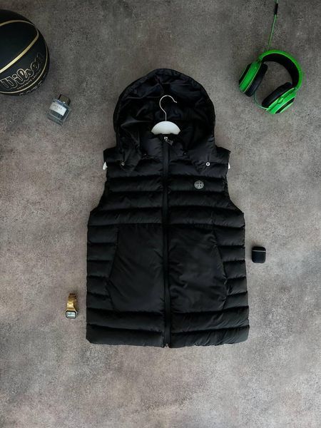 Чоловічий жилет Stone Island з капюшоном чорний Безрукавка Стон Айленд весняна Моло-ST1 фото
