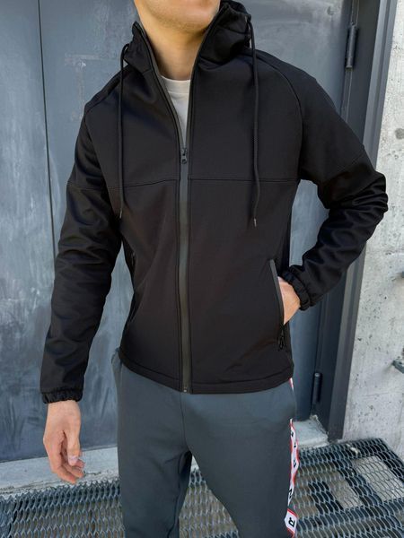 Мужская куртка из Soft Shell с капюшоном черная Ветровка утепленная на флисе Ram-1708431687 фото