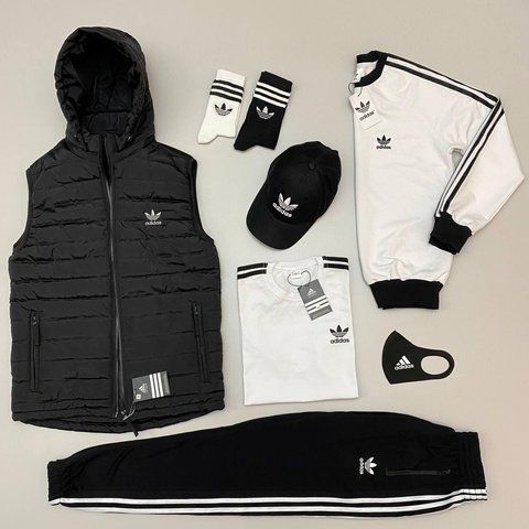Мужской костюм Adidas 5в1 черный с белым Набор Адидас Костюм Жилетка Футболка Кепка Хар-41 фото