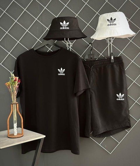 Чоловічий літній костюм 3в1 Adidas Футболка Шорти Панамка чорний комплект Адідас Rap-RD180/RD212/ПАНАМА фото