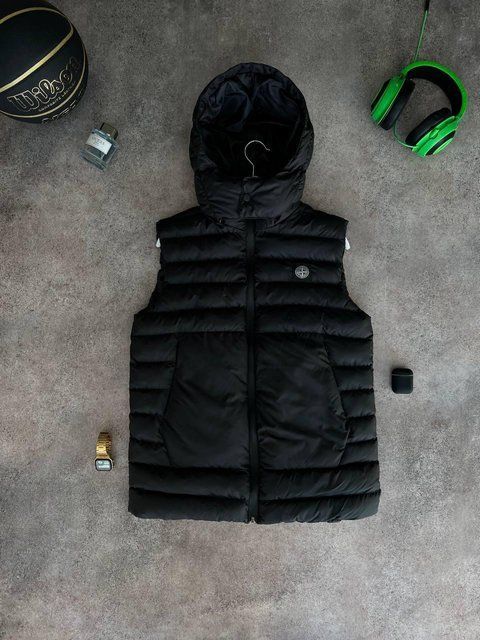 Мужская жилетка Stone Island з капюшоном черная Безрукавка Стон Айленд весенняя Моло-ST1 фото