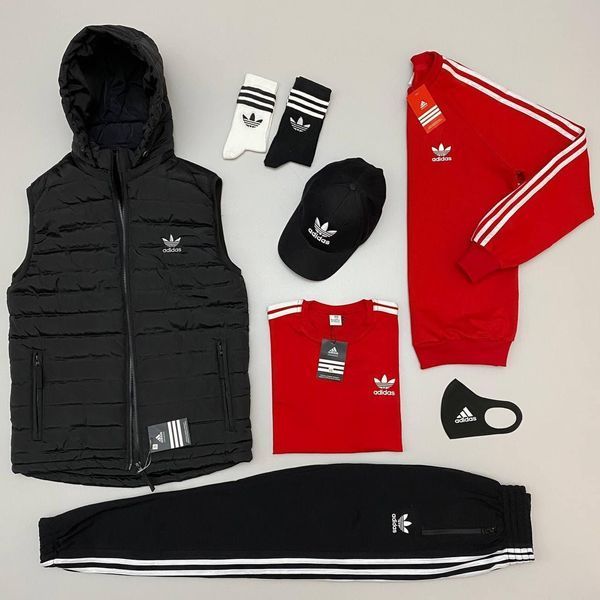 Мужской костюм Adidas 5в1 черный с белым Набор Адидас Костюм Жилетка Футболка Кепка Хар-41 фото