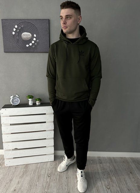 Мужской спортивный костюм Adidas черный с хаки Комплект Адидас Худи Штаны Rap-RD122/RD127 фото