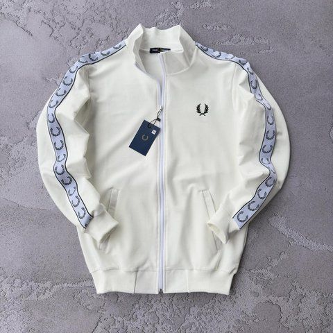 Мужская олимпийка Fred Perry с лампасами молочная Кофта Фред Пери на молнии без капюшона Хар-526 фото