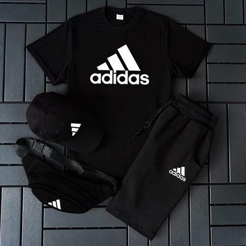Чоловічий літній костюм Adidas Футболка Шорти Кепка Барсетка чорний Ow-130 фото