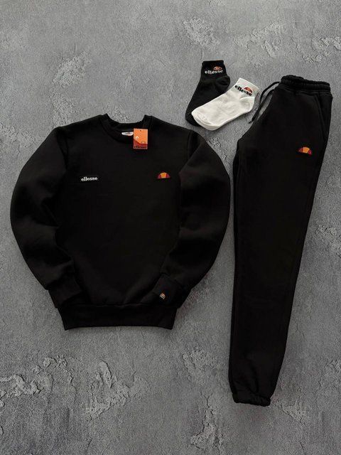 Мужской зимний спортивный костюм Ellesse без капюшона черный с черным Комплект Элис Свитшот Штаны Хар-307 фото