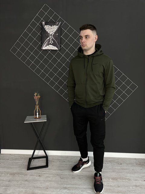 Мужской спортивный костюм Nike на молнии черный с хаки Комплект Найк Худи Штаны Rap-RD099/RD103 фото