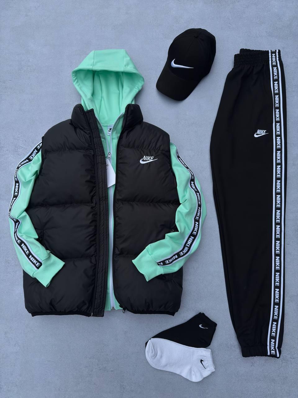 Чоловічий спортивний костюм Nike м'ятний з лампасами Комплект Найк Жилетка Кепка
