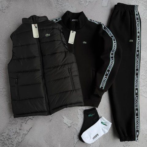Мужской зимний спортивный костюм Lacoste 3в1 черный Набор Лакоста Кофта Штаны Жилетка Хар-709 фото