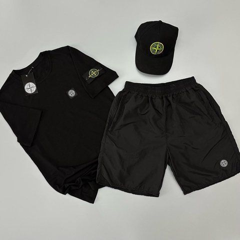 Чоловічий літній костюм Stone Island Футболка Шорти Кепка чорний із патчем Стон Айленд Will-SS0020 фото