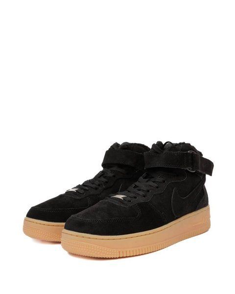 Мужские зимние кроссовки Nike Air Force 1 черные с бежевым с мехом замшевые Найк Аир Форс Pow-NK111 фото