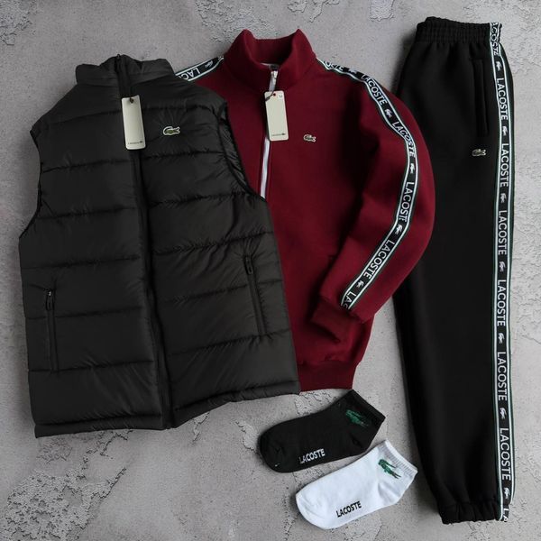 Мужской зимний спортивный костюм Lacoste 3в1 черный Набор Лакоста Кофта Штаны Жилетка Хар-709 фото
