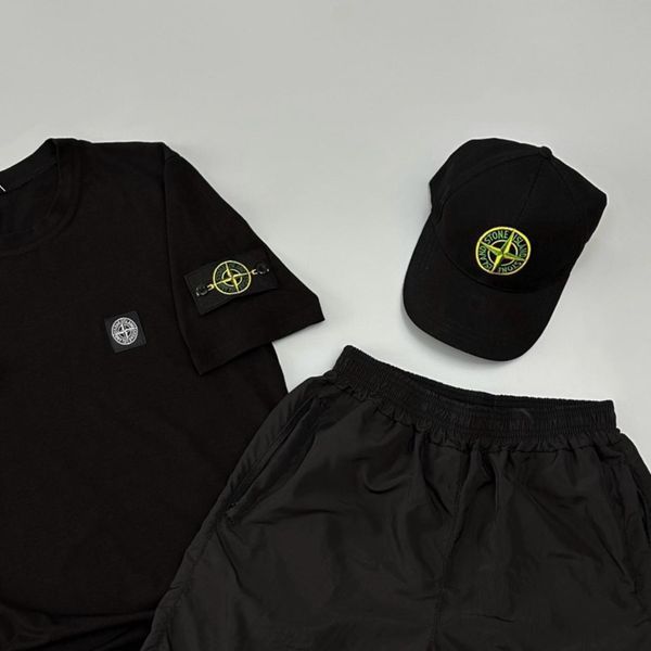 Чоловічий літній костюм Stone Island Футболка Шорти Кепка чорний із патчем Стон Айленд Will-SS0020 фото