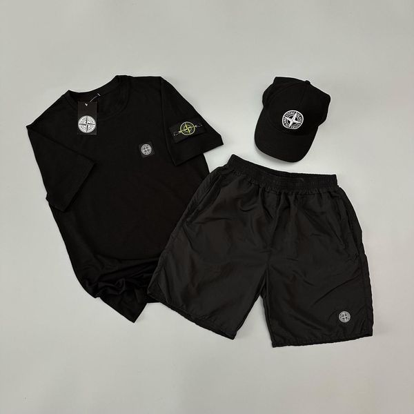 Чоловічий літній костюм Stone Island Футболка Шорти Кепка чорний із патчем Стон Айленд Will-SS0020 фото