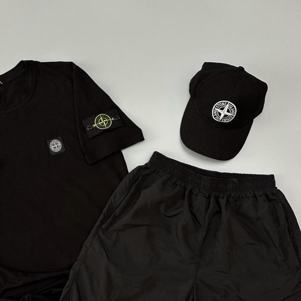 Чоловічий літній костюм Stone Island Футболка Шорти Кепка чорний із патчем Стон Айленд Will-SS0020 фото