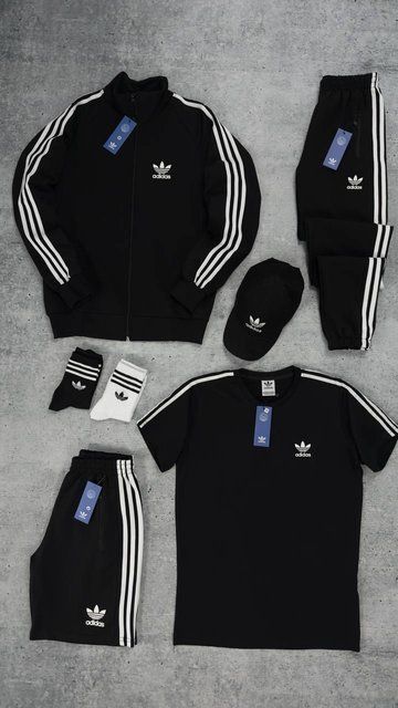 Мужской костюм Adidas 5в1 черный Комплект Адидас Кофта на змейке Штаны Шорты Футболка Кепка Мой-53 фото