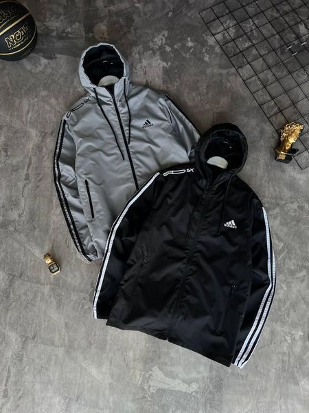 Чоловіча ветровка Adidas сіра з капюшоном Куртка Адідас з плащової тканини демісезонна Моло-Nik46 фото