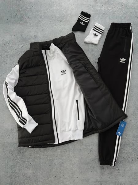 Чоловічий костюм Adidas 3в1 білий з чорним Комплект Адідас Кофта на змійці Штани Жилетка Мой-160 фото