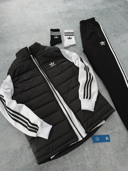 Чоловічий костюм Adidas 3в1 білий з чорним Комплект Адідас Кофта на змійці Штани Жилетка Мой-160 фото