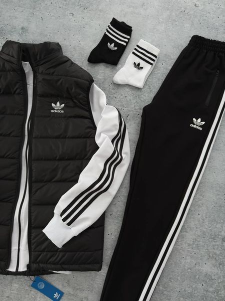 Чоловічий костюм Adidas 3в1 білий з чорним Комплект Адідас Кофта на змійці Штани Жилетка Мой-160 фото