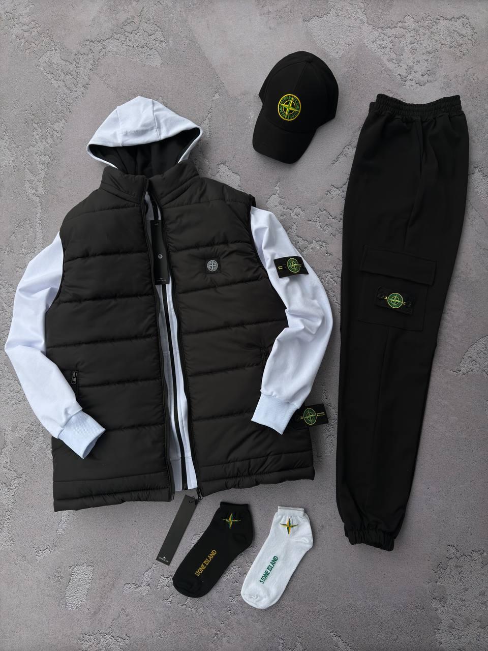 Чоловічий костюм Stone Island з патчем білий Комплект Стон Айленд Жилетка Кепка