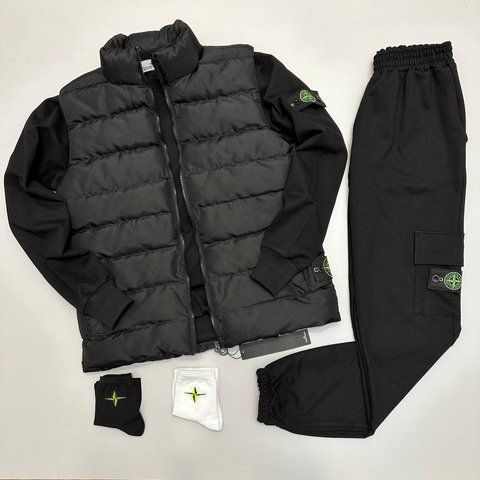 Мужской спортивный костюм Stone Islandм без капюшона черный Комплект Стон Айленд Жилетка Свитшот Штаны Хар-117 фото