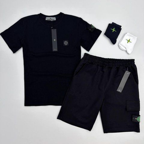 Чоловічий літній костюм Футболка Шорти Stone Island чорний із патчем Стон Айленд Хар-873 фото