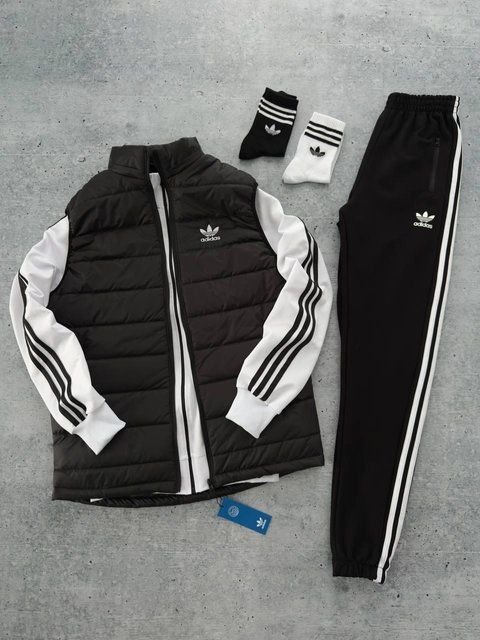 Мужской костюм Adidas 3в1 белый с черным Комплект Адидас Кофта на змейке Штаны Жилетка Мой-160 фото