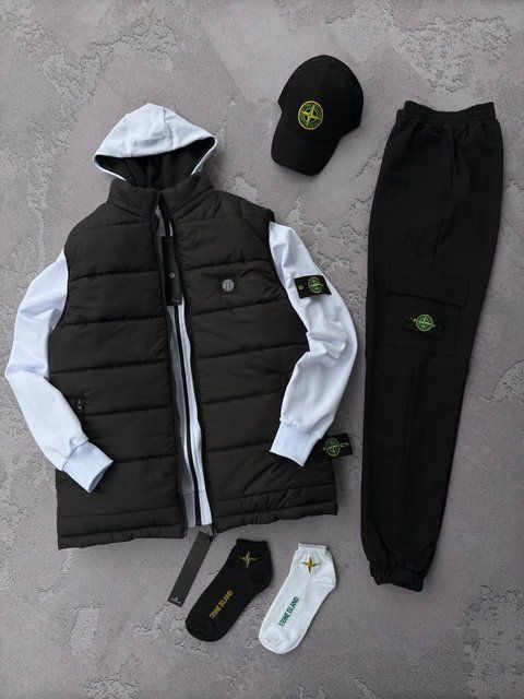 Мужской костюм Stone Island с патчем белый Комплект Стон Айленд Жилетка Кепка Хар-561 фото