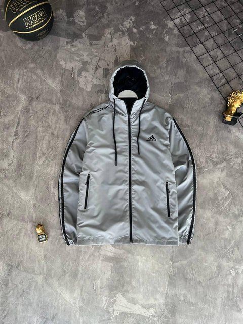 Мужская ветровка Adidas серая с капюшоном Куртка Адидас из плащевки демисезонная Моло-Nik46 фото