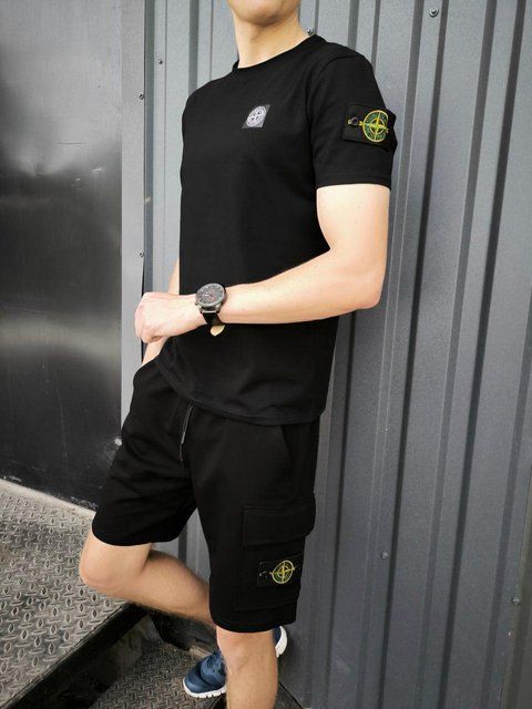 Чоловічий літній костюм Stone Island Футболка Шорти чорний з патчем Стон Айленд Хар-868 (коп4) фото
