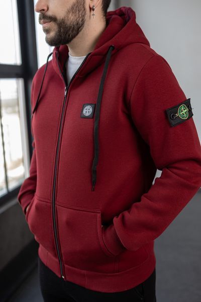 Чоловіча зимова кофта Stone Island з патчем бордова Зіп худі Стон Айленд на блискавці Хар-342 фото