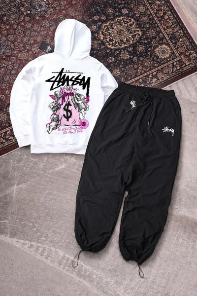 Мужской спортивный костюм Stussy черный с капюшоном Комплект Худи Штаны плащевка Стусси Ads-420 фото