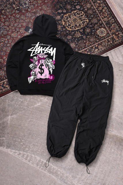 Мужской спортивный костюм Stussy черный с капюшоном Комплект Худи Штаны плащевка Стусси Ads-420 фото