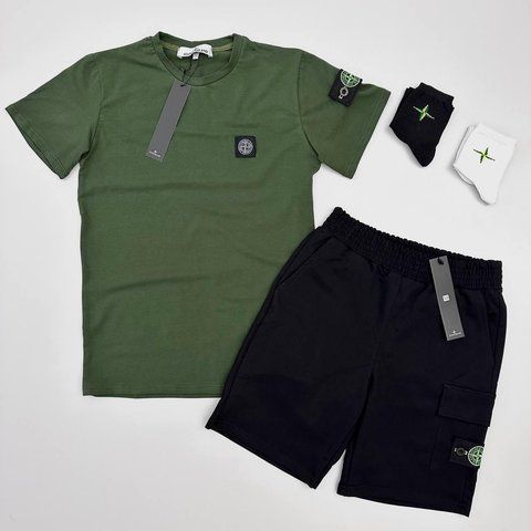 Мужской летний костюм Футболка Шорты Stone Island хаки с патчем Стон Айленд Хар-874 фото