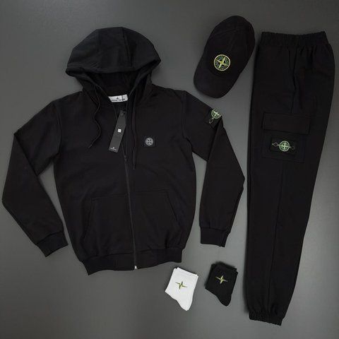 Мужской спортивный костюм Stone Island с капюшоном на молнии черный Комплект Стон Айленд Толстовка Штаны Кепка Хар-531 фото
