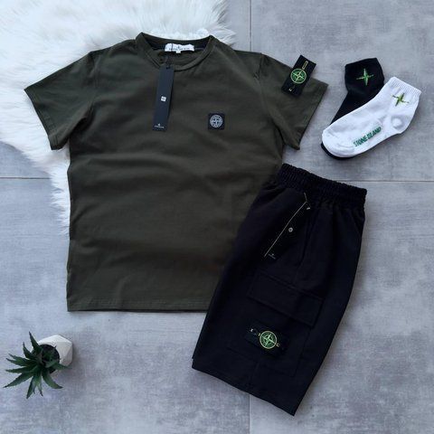 Чоловічий літній костюм Stone Island Футболка Шорти хакі із патчем Стон Айленд Хар-874 фото