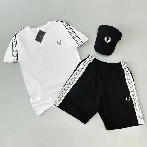 Чоловічий літній костюм Fred Perry Футболка Шорти Кепка білий з чорним Комплект Фред Перрі з лампасами Will-FP0015 фото