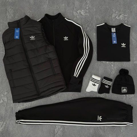 Мужской зимний спортивный костюм Adidas черный Набор Адидас Костюм Жилет Шапка Футболка без капюшона Хар-690 фото