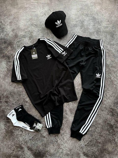 Мужской летний костюм Adidas черный Набор Адидас Футболка Штаны Кепка Pav-503 фото