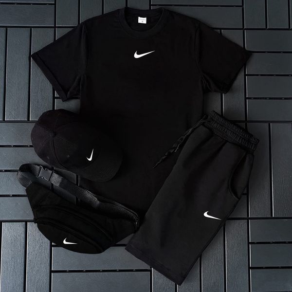 Мужской летний костюм Nike Футболка Шорты Кепка Барсетка белый с черным комплект Найк Hot-143 фото