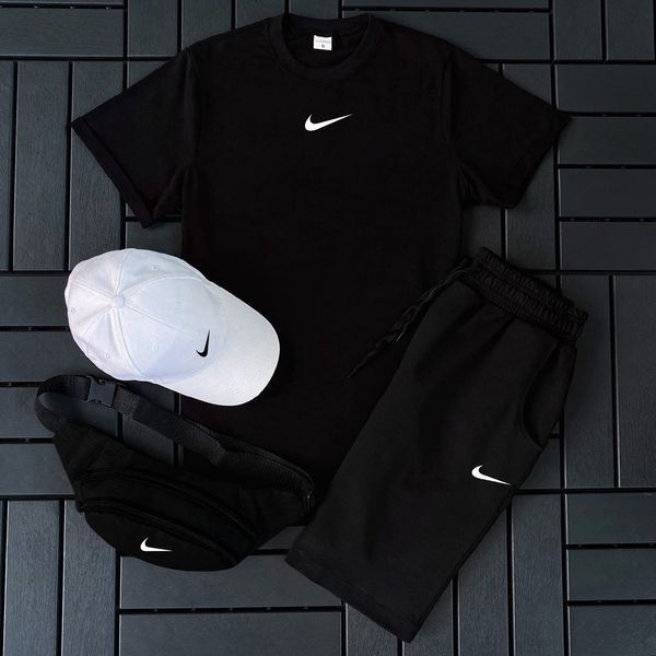 Мужской летний костюм Nike Футболка Шорты Кепка Барсетка белый с черным комплект Найк Hot-143 фото