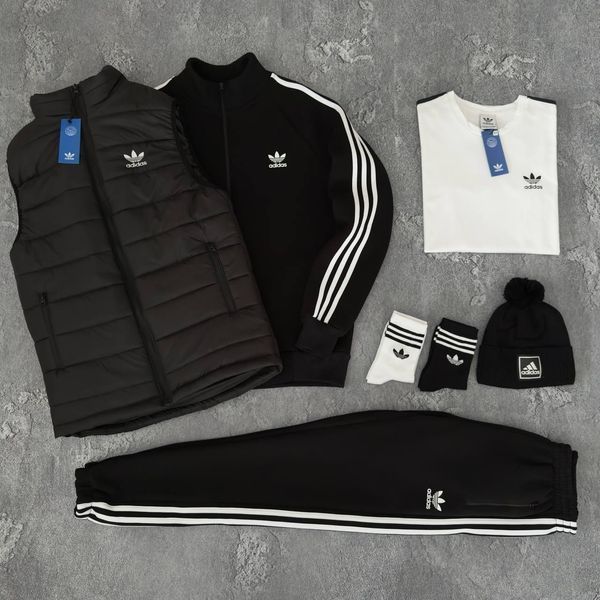 Мужской зимний спортивный костюм Adidas черный Набор Адидас Костюм Жилет Шапка Футболка без капюшона Хар-690 фото